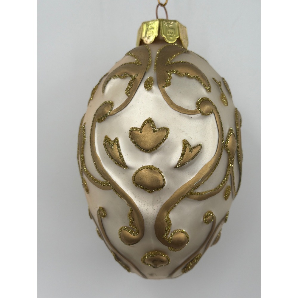 Santa's Best Glass Egg Christmas‎ Ornament Gold Glitter Filigree Pearl White